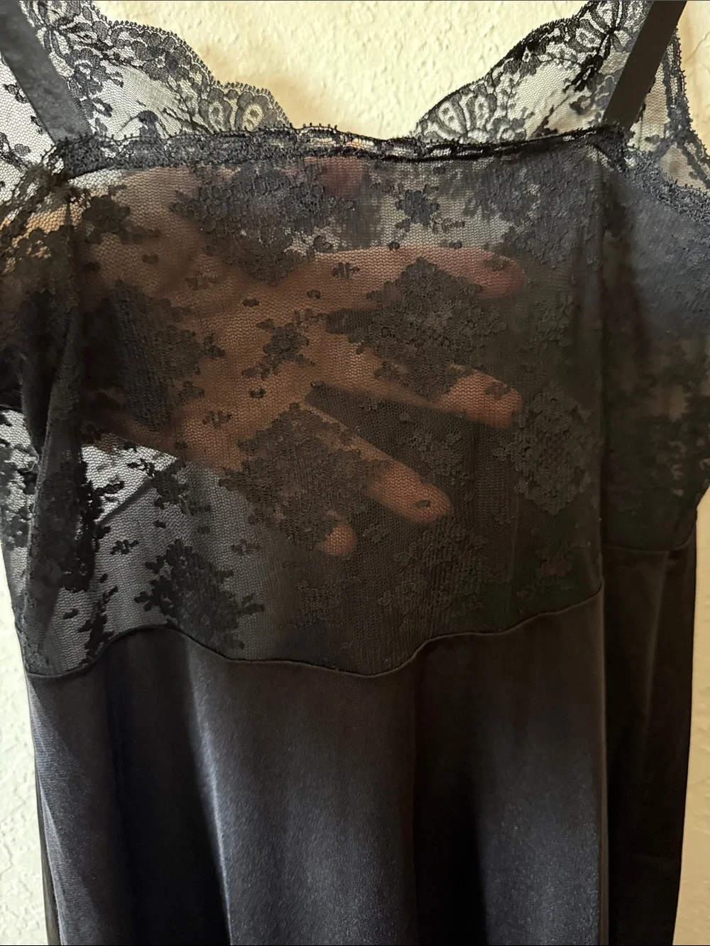 Vintage 70s Shadowline Black Nylon Lace Slip Dress 36 Tall - Sheer Lace Bust